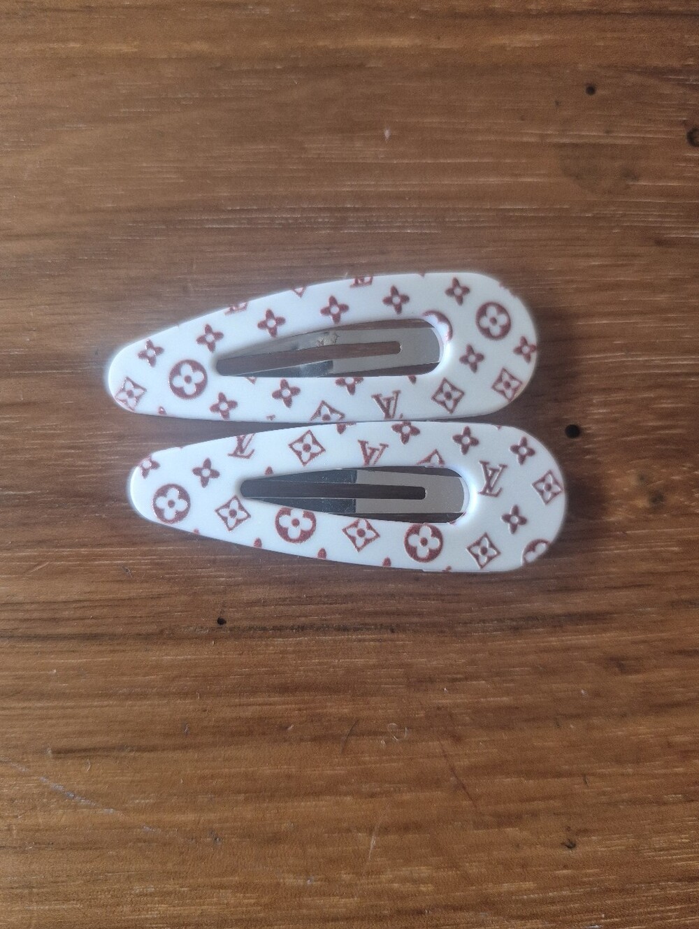 Luxury-Inspired White & Brown Logo Snap Hair Clips - Set of 2